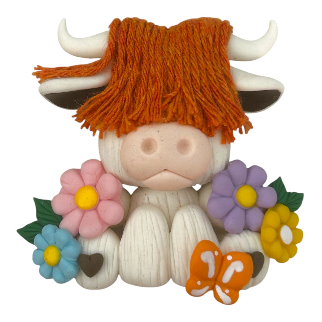 White Floral Highland Cow Clay Embellishment