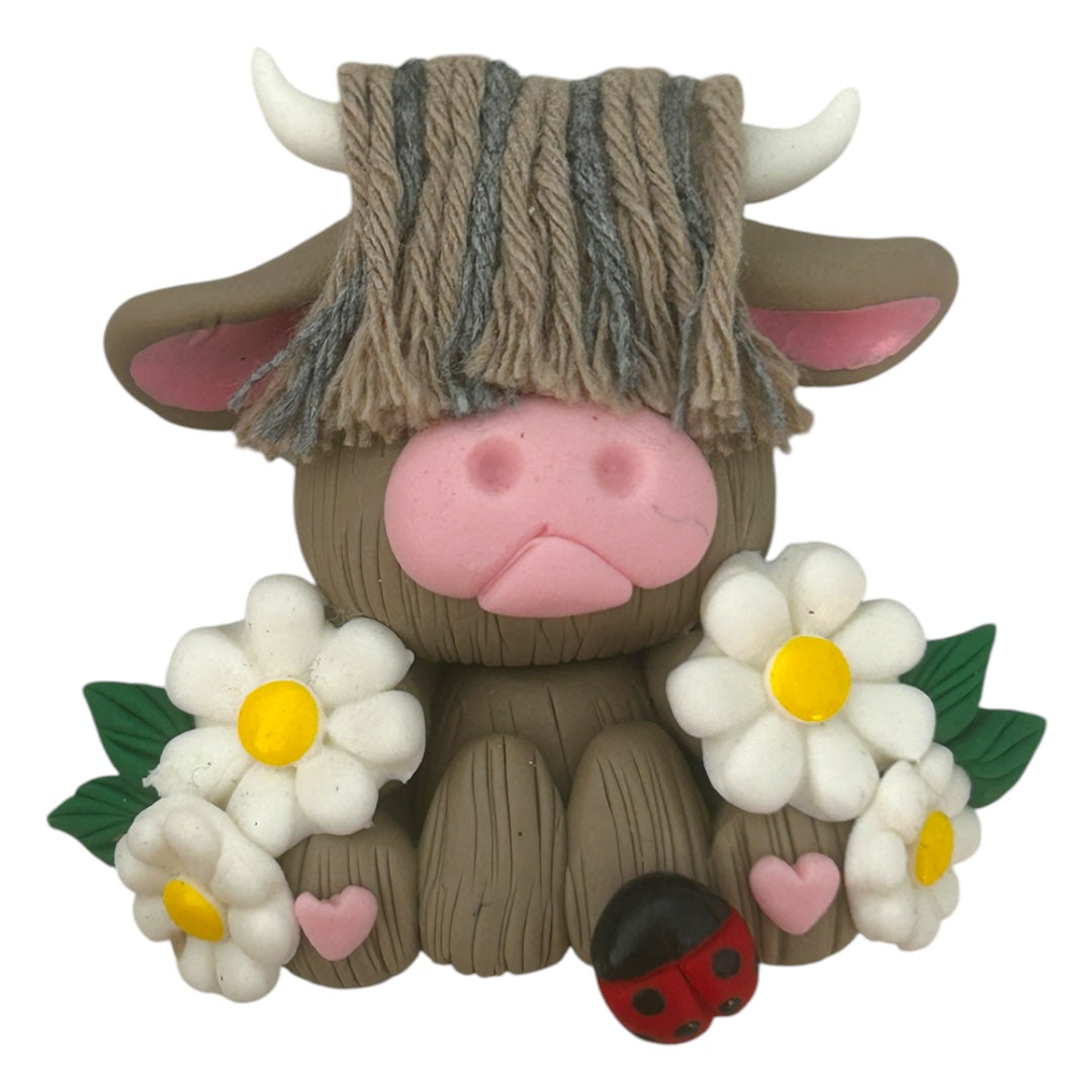 Grey Floral Highland Cow Clay Embellishment