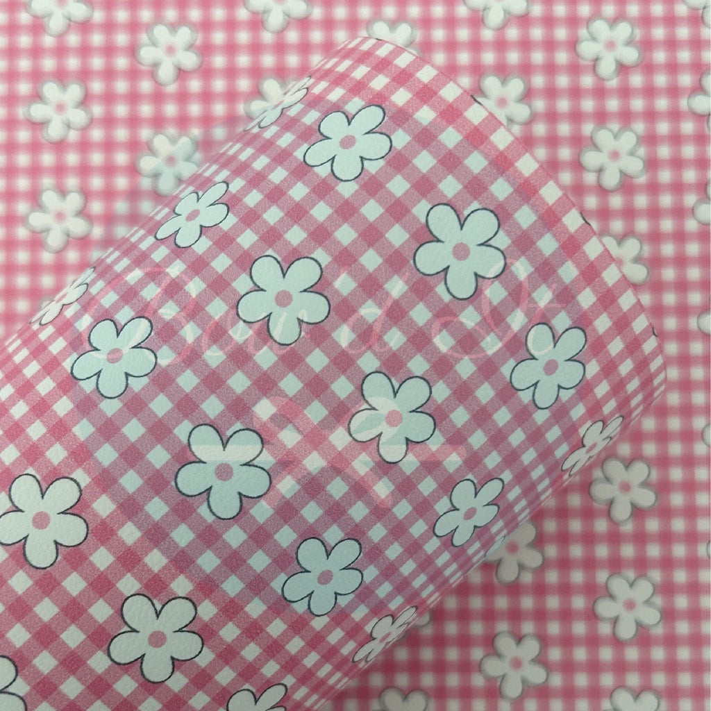 Pink Daisy Gingham Floral Printed Faux Leather Sheets