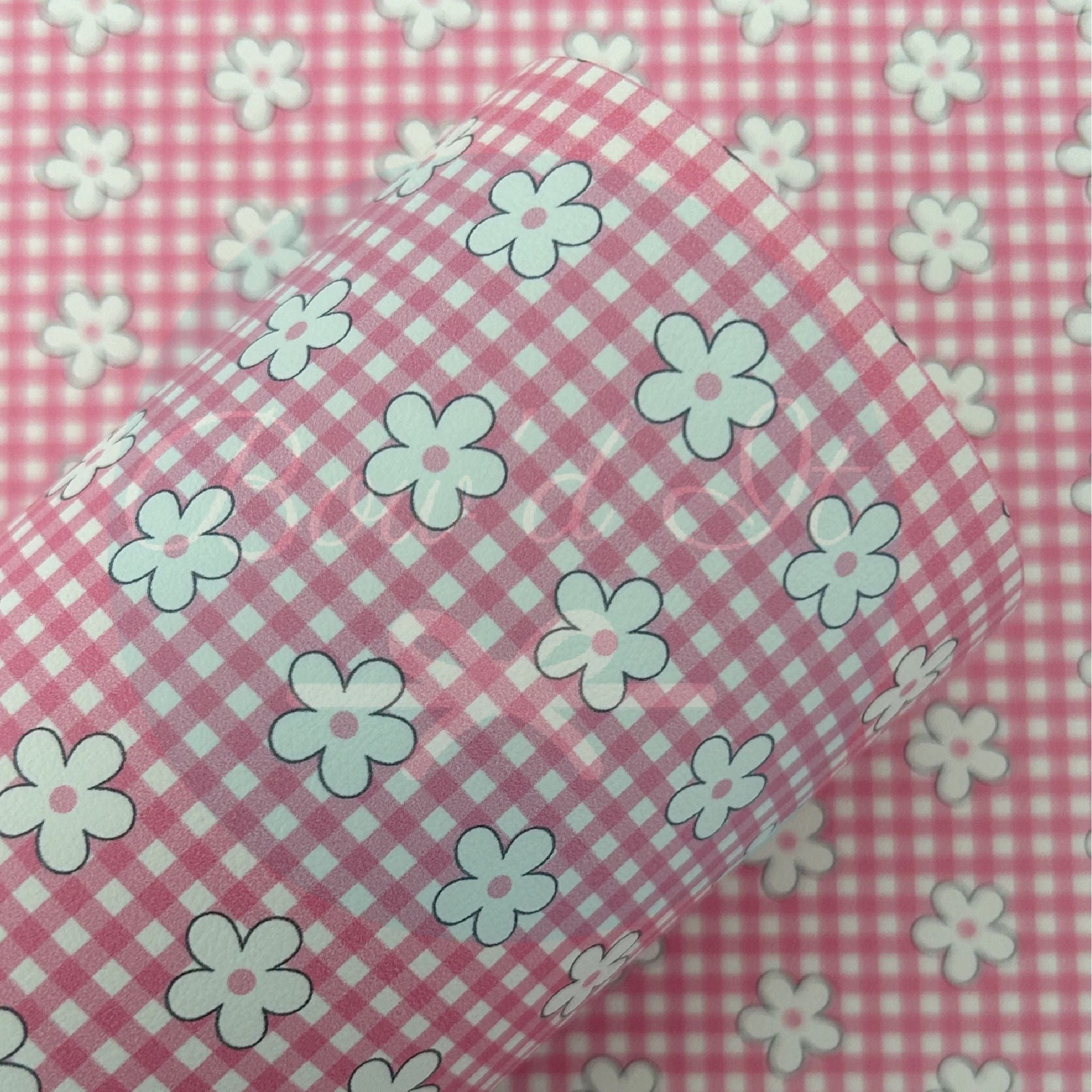 Pink Daisy Gingham Floral Printed Faux Leather Sheets