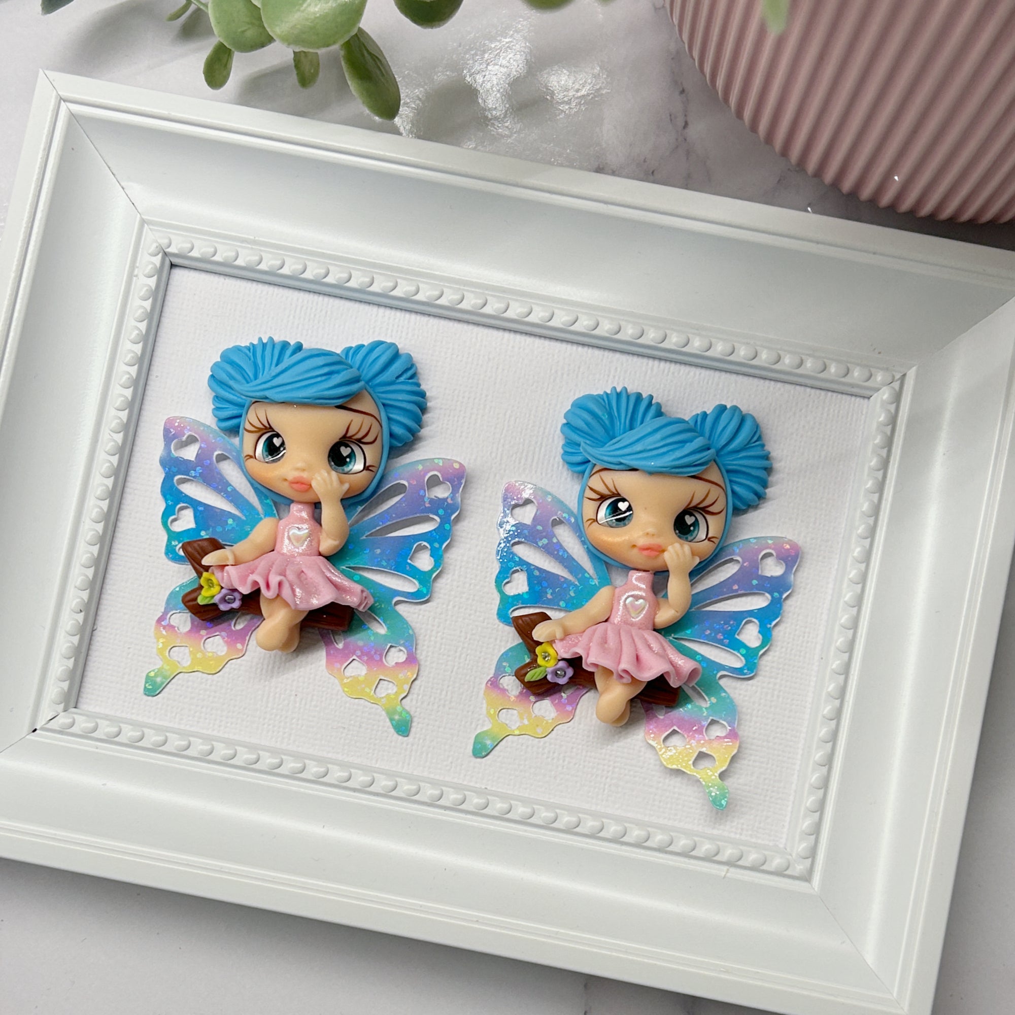 Blue Fairy on a Log Clay Embellishment
