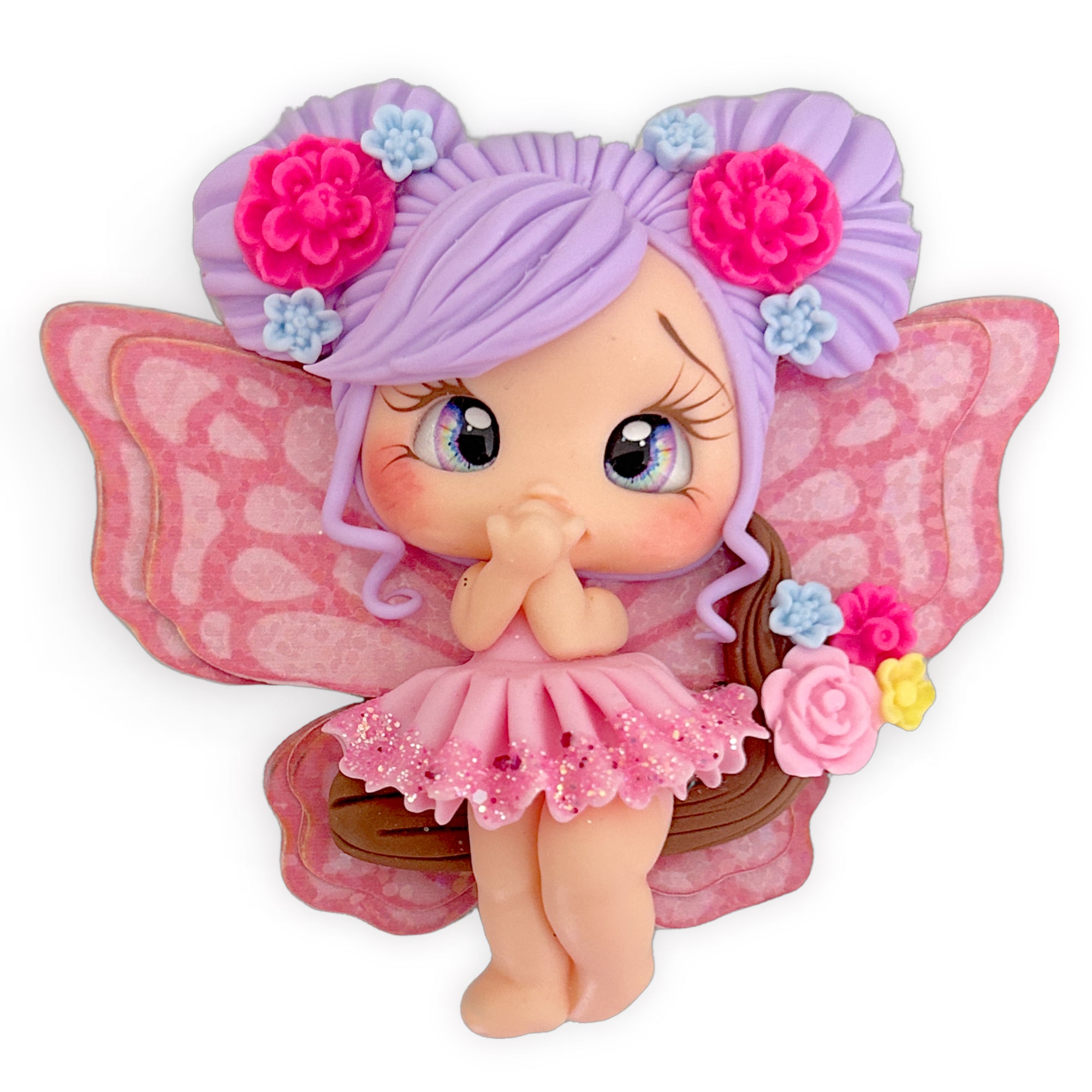 Pink Fairy on a Log Clay Embellishment