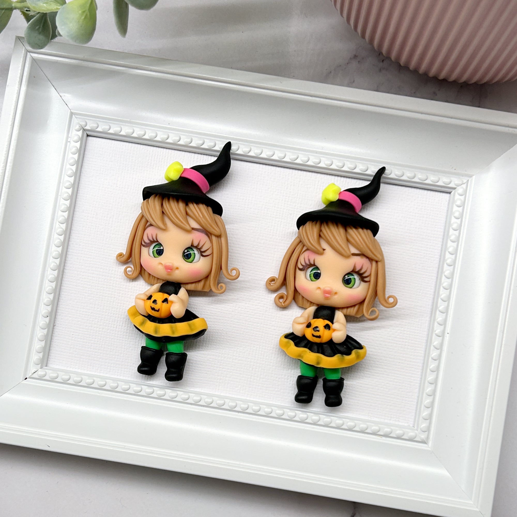 Halloween Witch with Small Pumpkin Clay Embellishment