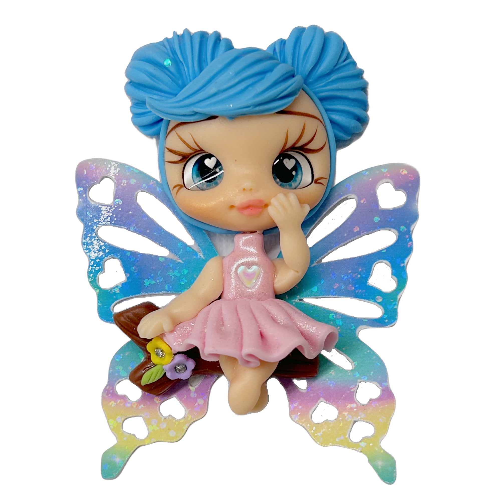 Blue Fairy on a Log Clay Embellishment