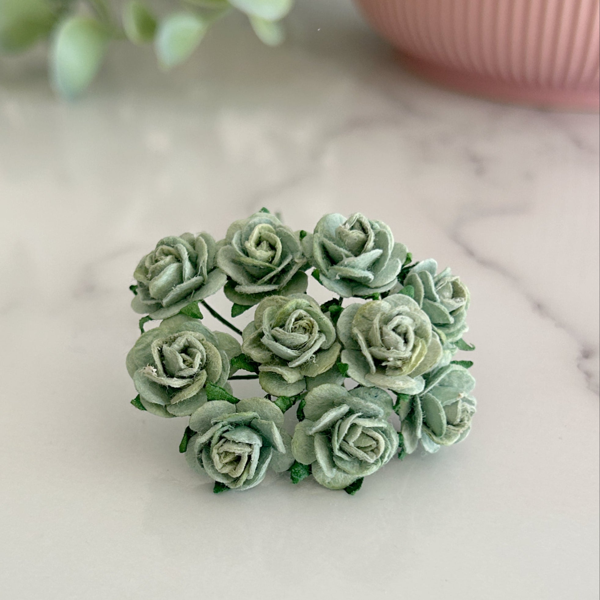 Dusty Green 1.5cm Rose (Pack of 10) Mulberry Paper Flowers